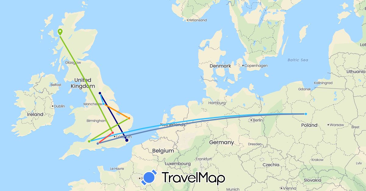 TravelMap itinerary: driving, cycling, hiking, boat, hitchhiking, electric vehicle in United Kingdom, Poland (Europe)